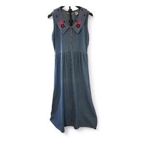 VTG Jane Ashley M Maxi Dress 90's Embroidered Denim Farm House Gramdma Core